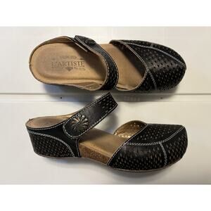 L'artiste Spoorti-B Wedge Mules EU 36 US 6 Black Perforated Leather Boho Clogs